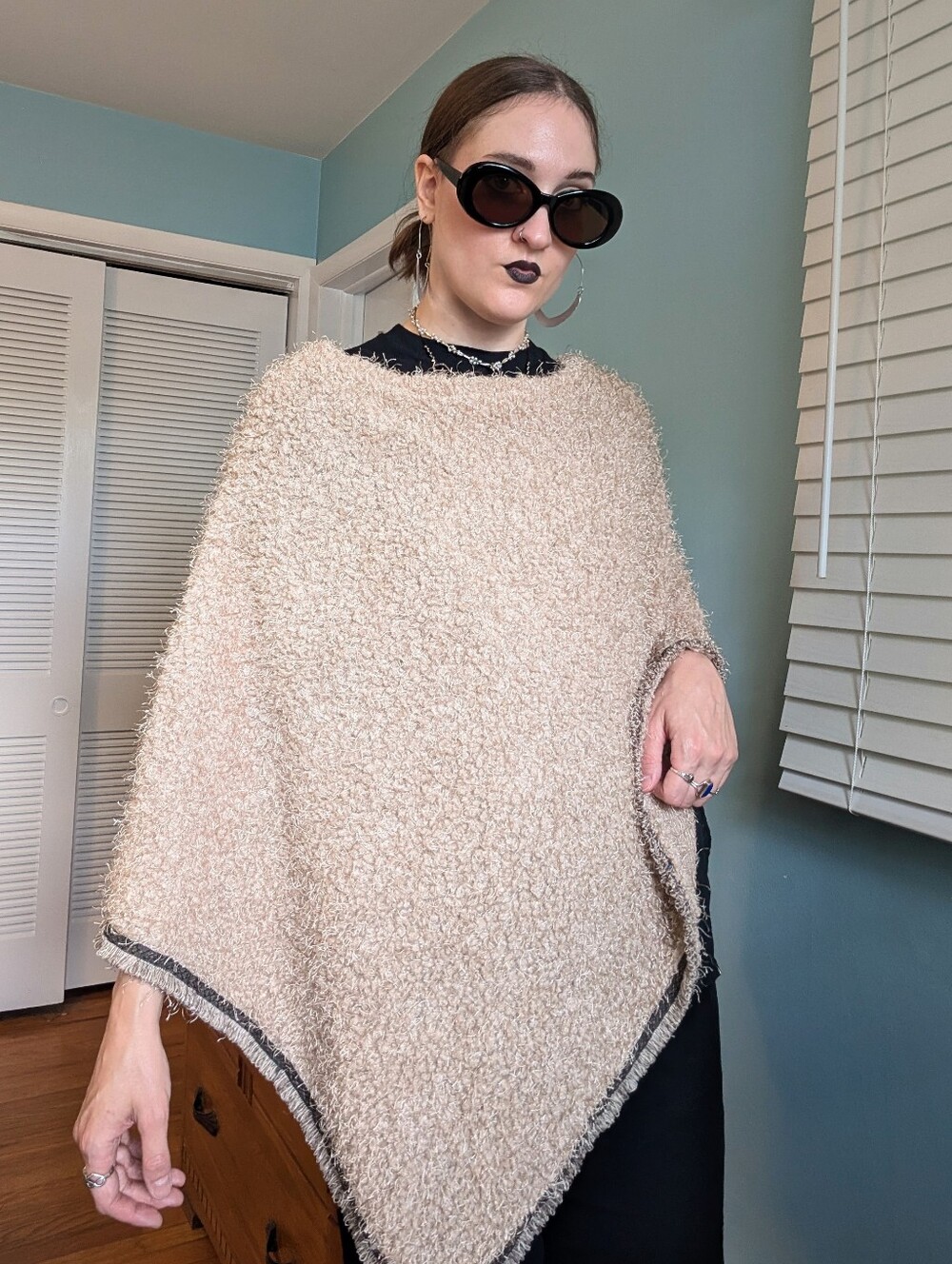 Y2K Eyelash Bouclé Yarn Sweater Poncho in Beige